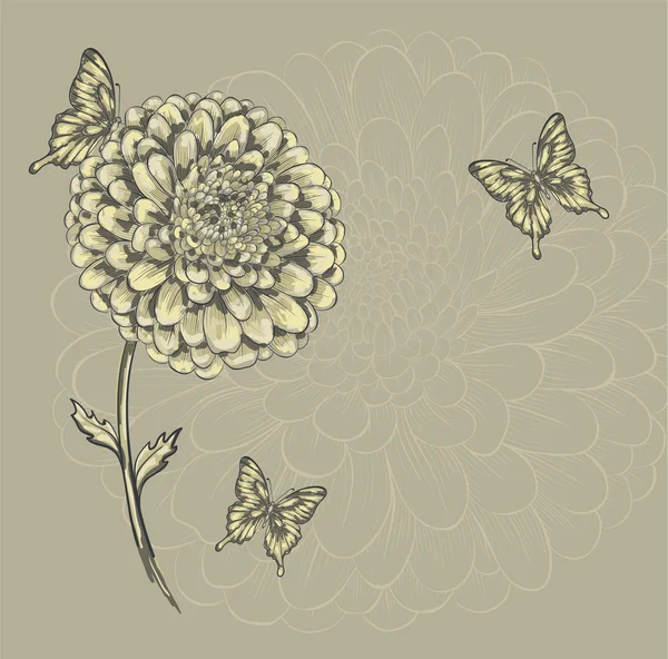 Όμορφο λουλούδι με πεταλούδες. Γραμμές περιγράμματος με χέρι και εφέ υδατογραφών . — Διανυσματικό Αρχείο