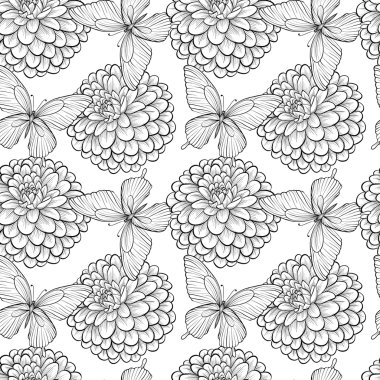 tek renkli siyah-beyaz kelebekler ve yıldızçiçeği güzel sorunsuz arka plan. kontür çizgileri çizilmiş ve konturlar.