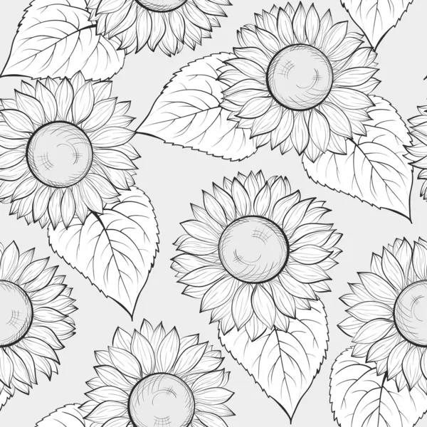 Black and white seamless background with sunflowers. — Stock Vector