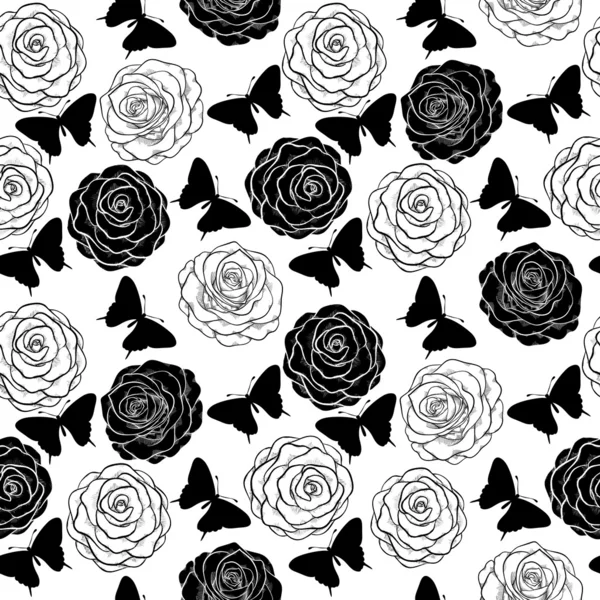 Seamless background with monochrome black and white butterflies and roses. — Stock Vector