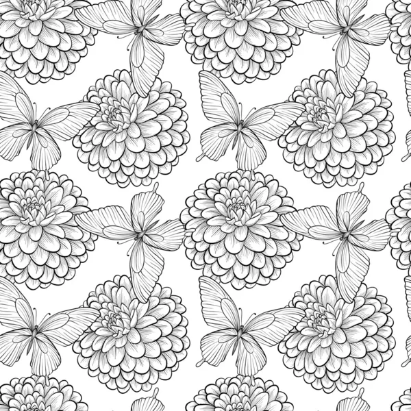 Beau fond sans couture avec des papillons et des dahlias monochromes noirs et blancs. Lignes et traits de contour dessinés à la main . — Image vectorielle