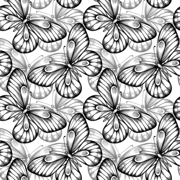 Seamless background of butterflies black and white colors. — Stock Vector