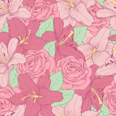 pembe zambak ve gül ile dikişsiz arka plan .