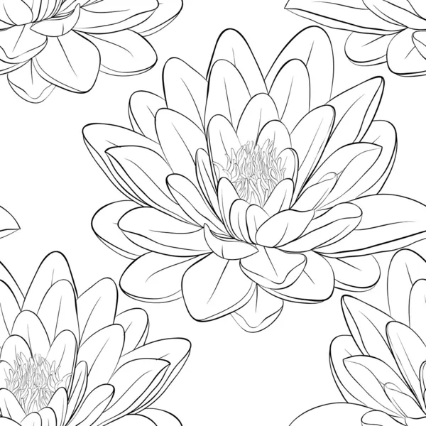 Beautiful monochrome, black and white seamless pattern with lotus flowers. — Stock Vector