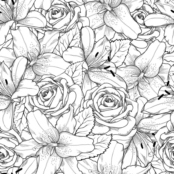 Beautiful seamless background with black and white lily and roses Stock Vector