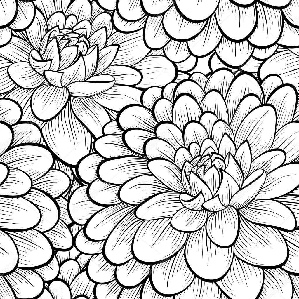 Beautiful seamless background with monochrome black and white flowers.