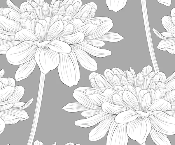 Hermoso fondo monocromo, blanco y negro sin costuras con flores dalia con un tallo . — Archivo Imágenes Vectoriales