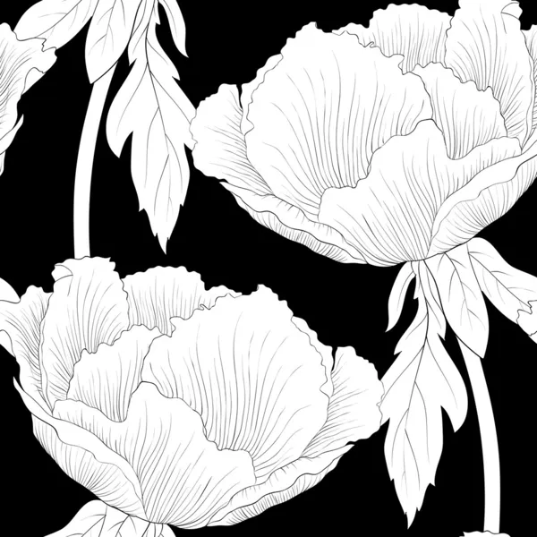 Beautiful monochrome, black and white seamless background with flowers Plant Paeonia arborea (Tree peony) with stem and leaves. Stock Illustration