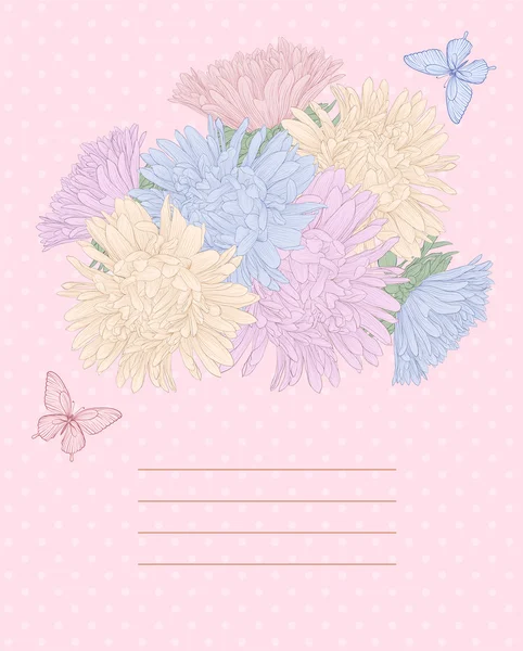 Mooie achtergrond met boeket bloemen en vlinders. — Stockvector