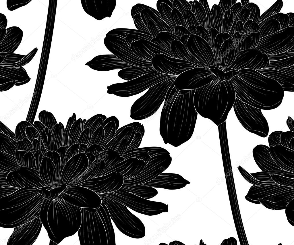 Beautiful monochrome, black and white seamless background with flowers dahlia with a stem.