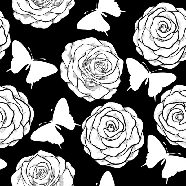モノクロ黒と白の蝶やバラの美しいシームレスな背景. — ストックベクタ