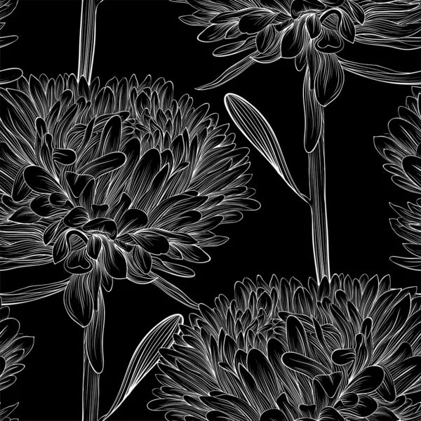 Piękne monochromatyczne, czarno-białe bezszwowe tło z kwiatów aster. — Wektor stockowy