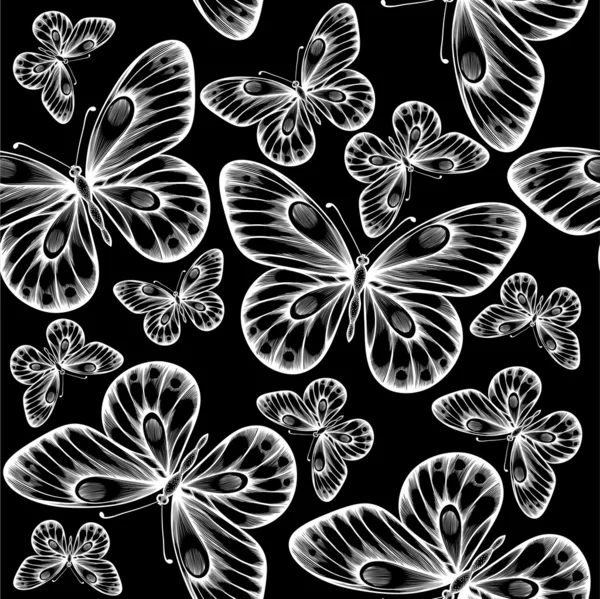 Beautiful monochrome black and white seamless background with flying butterflies. — Stock Vector