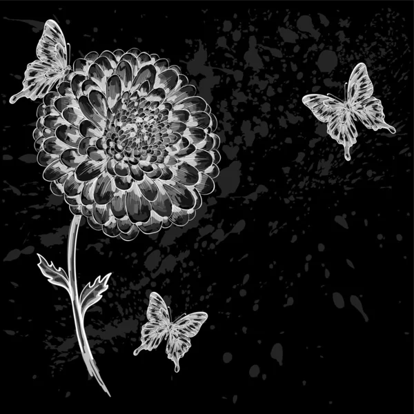 Beautiful black-and-white flower with butterflies. — Stock Vector