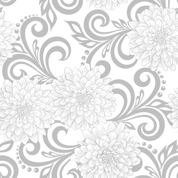 Zwart-wit naadloze patroon met dahlia bloemen en abstract floral wervelingen — Stockvector