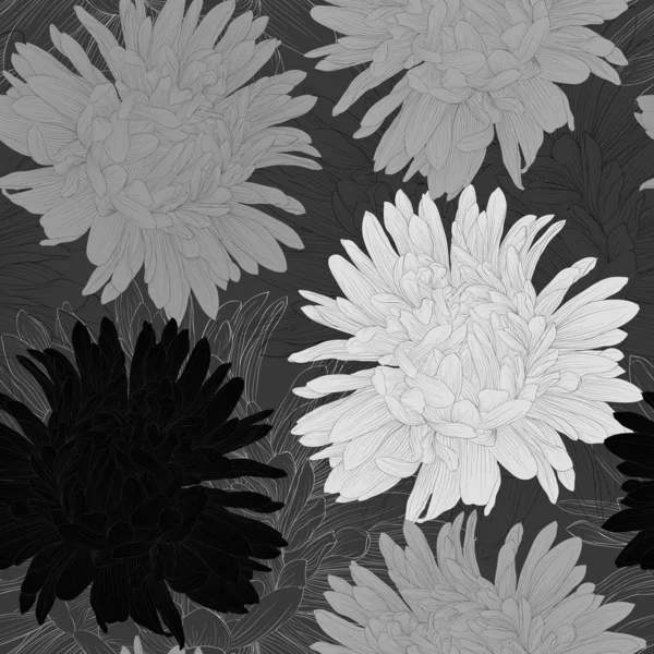 Mooie zwart-wit zwart-wit naadloze achtergrond met bloemen. — Stockvector