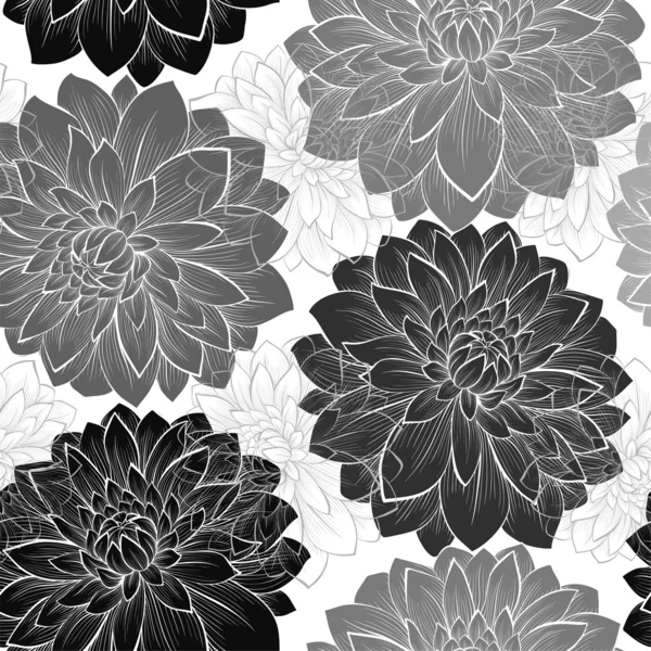 Beautiful monochrome black and white  seamless background with flowers. — Stock Vector