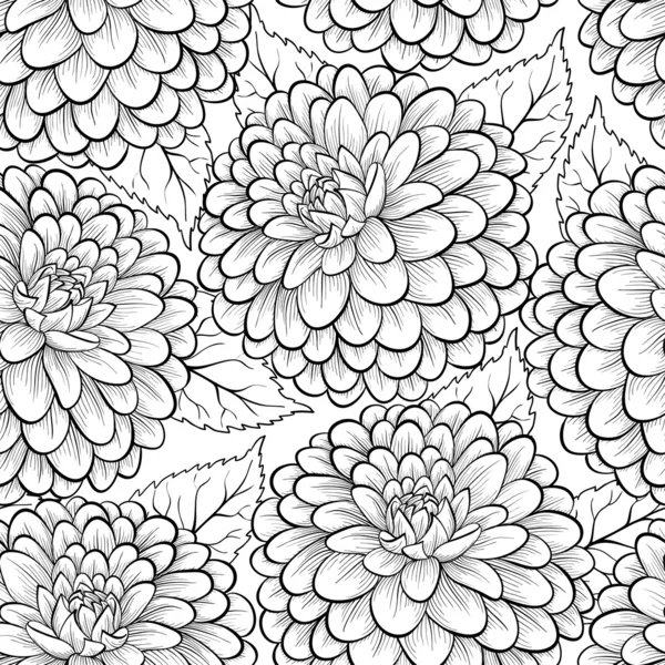 Vackra svartvita, svartvitt och sömlös bakgrund med blommor dahlia. — Stock vektor
