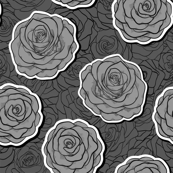 Beautiful black and white seamless pattern in roses with contours. Stock Vector