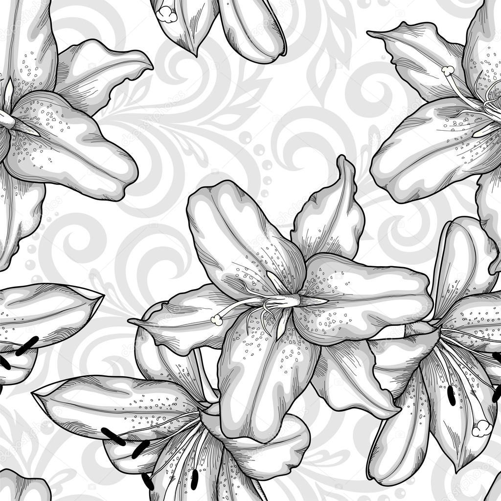 black and white seamless pattern with blue lilies flowers and abstract floral swirls
