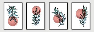 Soyut yapraklar ve altın renkli yuvarlak güneş. Modern moda arka plan, soyut sanat minimalist tarzı. Duvar dekorasyonu, kartpostal, poster veya broşür için botanik tasarımı. Modern kart dekoratifi.