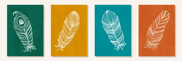 창의적 미니멀리즘 깃털을 추상적 배경으로 만든다 보헤미안 스타일의 포스터 팜플렛을 — 스톡 벡터
