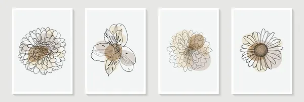 Set Creative Minimalist Hand Draw Illustrations Flowers Outline Pastel Biege — Stock Vector
