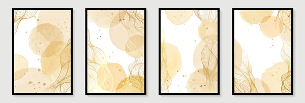 Abstract Yellow Nude Watercolor Circle Stains Golden Lines Dots Watercolor — Stock Vector