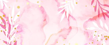 Abstract watecolor banner background with leaves and pink watercolor stains. Modern trendy background, abstact art minimalist style. Design for decoration, postcard, poster or brochure