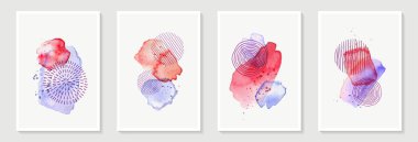Yaratıcı minimalist el yapımı soyut sanat arka planı mavi, kırmızı suluboya lekesi ve El çizimi karalaması altın renkli Scribble Circle. Duvar dekorasyonu, kartpostal, poster veya broşür için tasarım