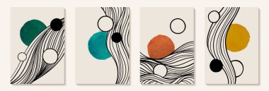 Yaratıcı minimalist soyut sanat arka planı suluboya lekeli daire şeklinde ve el çizimi doğrusal dalga. Kozmik soyut arka plan. Duvar dekorasyonu, kartpostal, poster veya broşür için tasarım