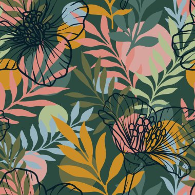 Dekoratif tasarım için soyut tropikal desenler. Modern egzotik, pürüzsüz desen. Geçmişi, ambalaj kağıtları. Orman vektör sanatı. Cennet kumsalı. Yaz arkaplanı