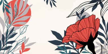 Soyut sanat çiçekli arka plan. El çizimi gül yaprakları ve yuvarlak şekilli çiçekler. Duvar dekorasyonu, afiş, kartpostal, poster ve broşür için vektör arkaplanı