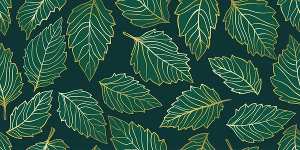Abstraktní Umění Zelené Listí Pozadí Ručně Kreslit Obrys Zlatý Obrys — Stockový vektor