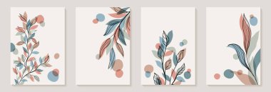 Yaprak dalları ve El Çizimi Scribble çiçek bitkileriyle yaratıcı minimalist soyut sanat geçmişi. Soyut yaprak. Duvar dekorasyonu, kartpostal, poster veya broşür için tasarım