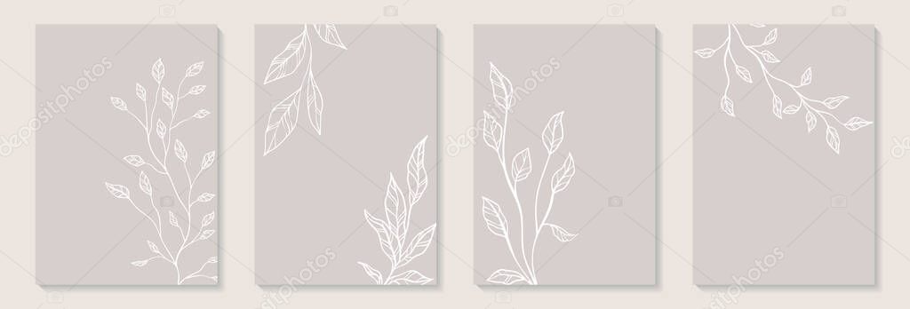 Creative minimalist Abstract art background with leaves branch and Hand Drawn doodle Scribble floral plants. Abstract leaf. Design for wall decoration, postcard, poster or brochure