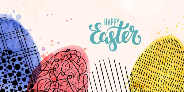 Happy Easter Lettering Watercolor Background Doodle Watercolour Eggs Design Holiday — Stock Vector