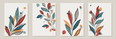 Yaprak dalları ve El Çizimi Scribble çiçek bitkileriyle yaratıcı minimalist soyut sanat geçmişi. Soyut yaprak. Duvar dekorasyonu, kartpostal, poster veya broşür için tasarım