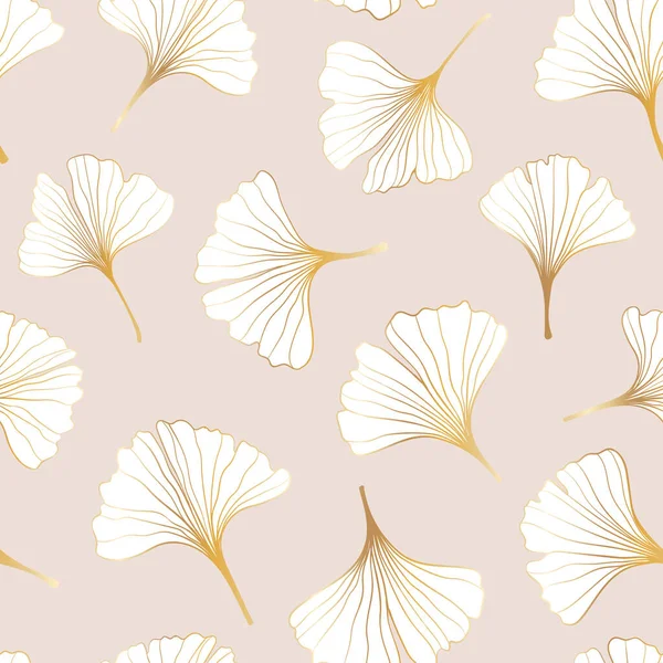 Seamless Pattern Hand Draw Illustrations Floral Outline Golden Ginkgo Biloba — Vettoriale Stock