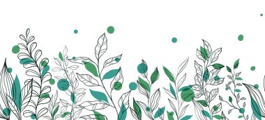 Yaprak dalları ve El Karalamalı Yazı Bitkileri afişi. Kusursuz bir pankart. Soyut sanat arka planı, tasarım duvarı dekorasyonu, kartpostal, poster veya broşür