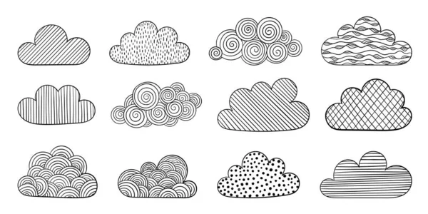 Conjunto Nubes Garabatos Esbozo Línea Aislada Tarjetas Felicitación Fondo Diseño — Vector de stock