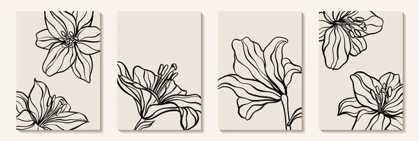 壁の装飾 ポストカードやパンフレットカバーデザインのための創造的なミニマリストの手描きイラストのセット花のアウトラインユリパステルベージュシンプルな形状 — ストックベクタ