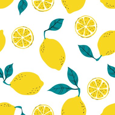 Sarı limon ve limon dilimli tropik, pürüzsüz desen. Beyaz arka planda elle çizilmiş limon deseni. Kumaş, çizim etiketleri, baskılar, çocuk odasının duvar kağıdı, meyve arkaplanı