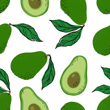 Yeşil avokado ve avokado dilimleriyle tropikal, pürüzsüz desen. Beyaz arka planda elle çizilmiş avokado deseni. Kumaş, çizim etiketleri, baskılar, çocuk odasının duvar kağıdı, meyve arkaplanı