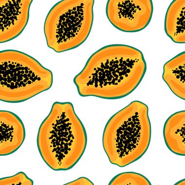 Sarı papaya dilimli tropik, pürüzsüz desen. Beyaz arka planda yarım papaya deseni çizilmiş. Kumaş, çizim etiketleri, baskılar, çocuk odasının duvar kağıdı, meyve arkaplanı