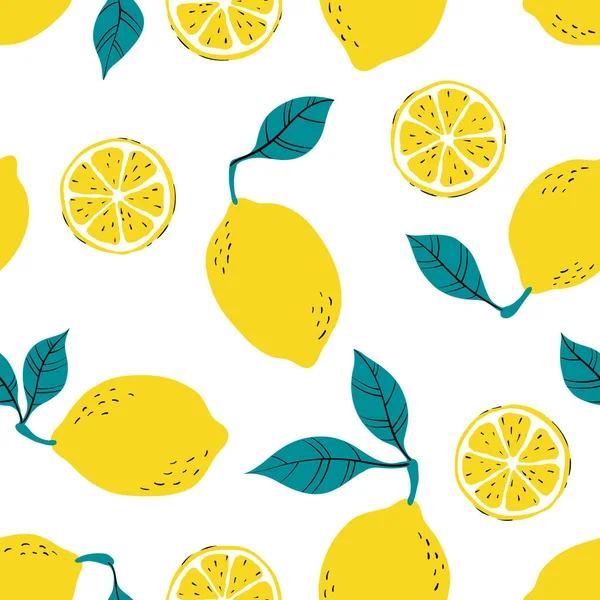 Tropical Seamless Pattern Yellow Lemons Lemon Slices Hand Drawn Lemons —  Vetores de Stock