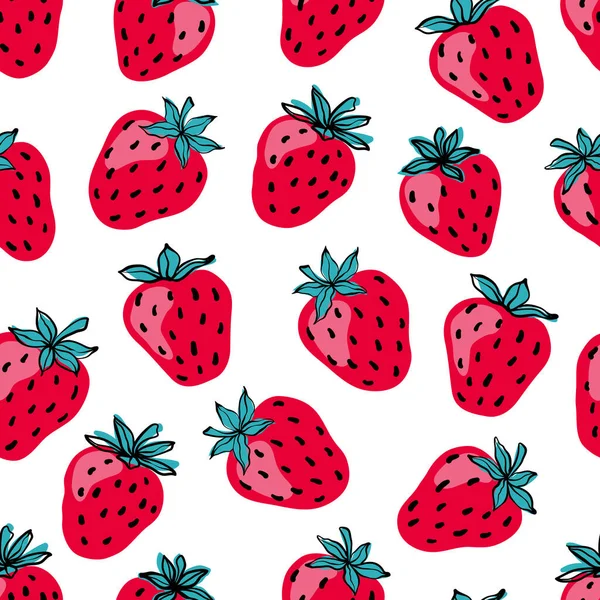无缝隙图案与粉红色草莓果 白色背景上手工绘制的草莓图案 绘画标签 印刷品 儿童房墙纸 水果背景 — 图库矢量图片