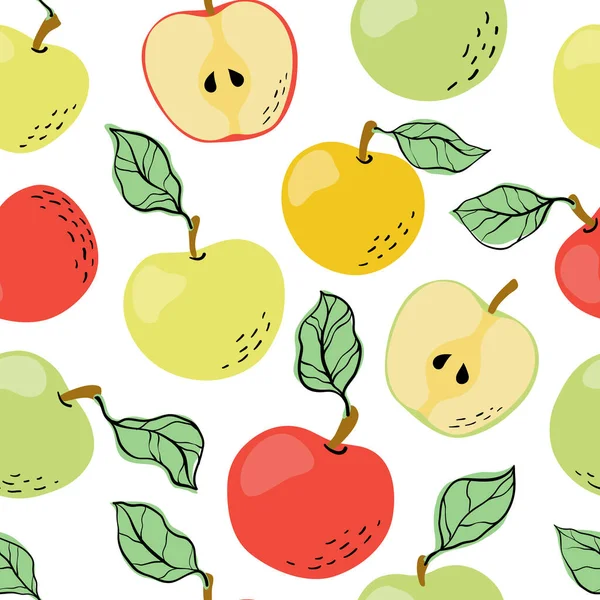 Seamless Pattern Yellow Red Green Apples Apple Slices Hand Drawn —  Vetores de Stock