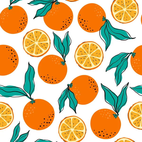 Tropical Seamless Pattern Oranges Orange Slices Hand Drawn Oranges Pattern - Stok Vektor