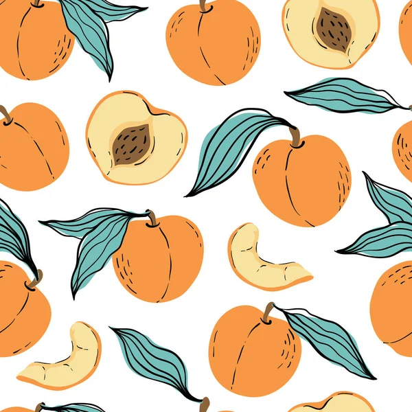 Seamless Pattern Orange Peaches Peach Slices Hand Drawn Peaches Pattern —  Vetores de Stock